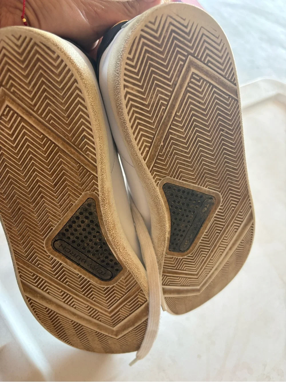 Tory Burch White Leather Sneakers with Black Heel Patch and Gold Emblem
